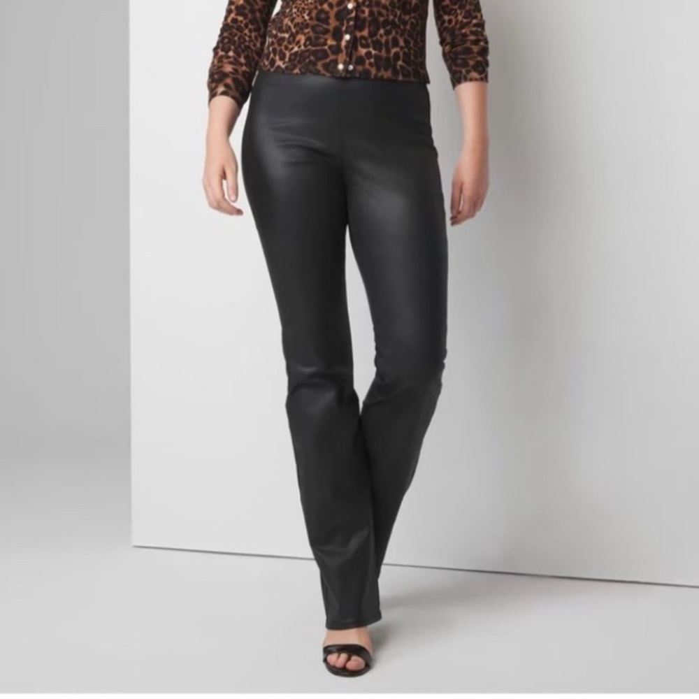 WHBM.. Curvy Extra High-Rise Coated Pull-On Flare Jeans. SIZE: 16CR COLOR: BLACK